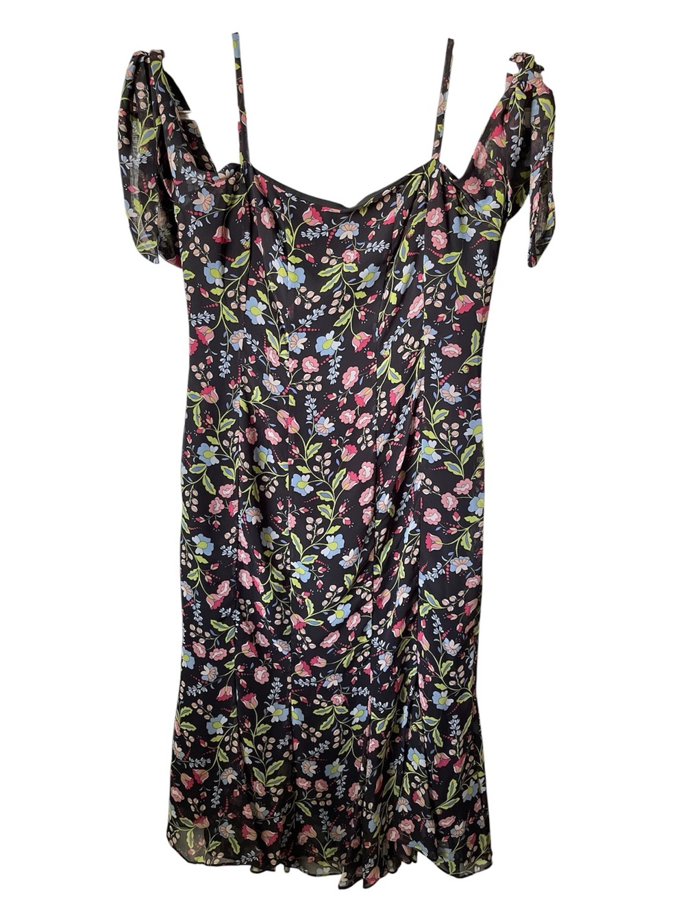 Nanette Lepore Women’s Sz 6 Midi Dress Ruffled Tie Sleeves Multicolor Floral